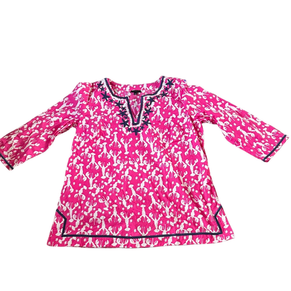 Talbots Pink Lobster Print Tunic Top Size M 3/4 Sleeve Coastal